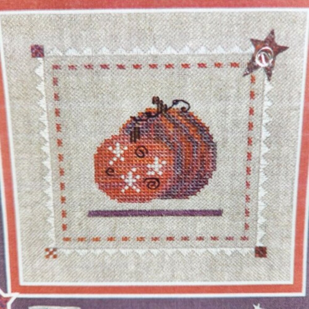 Pumpkin Swirls Cross Stitch Kit Fabric Fibers Silk Button Autumn Fall Rustic New
